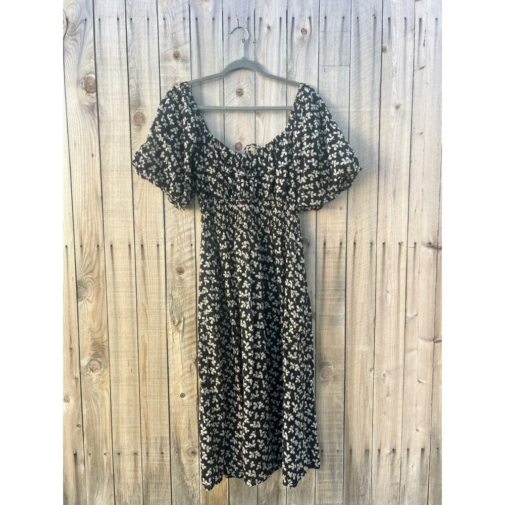 Tory Burch S Black Floral Smocked Midi Dress Butterfly Puff Sleeve Boho Romantic